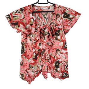 Women's Cato Ruffle Front Top Blouse Abstract Print V Neck Short Sleeve Size L